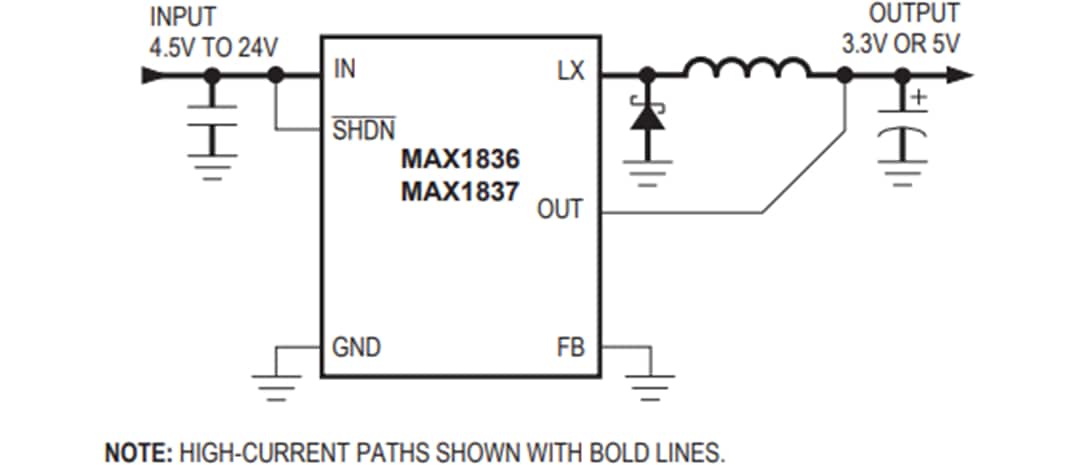 Application Circuit Diagram - Analog Devices / Maxim Integrated MAX1836 & MAX1837 Step-Down Converters Application Circuit Diagram - Analog Devices / Maxim Integrated MAX1836 & MAX1837 Step-Down Converters