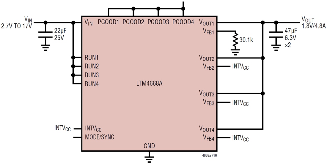 Application Circuit Diagram - Analog Devices Inc. LTM4668A & LTM4668 Quad DC/DC µModule® Regulators Application Circuit Diagram - Analog Devices Inc. LTM4668A & LTM4668 Quad DC/DC µModule® Regulators