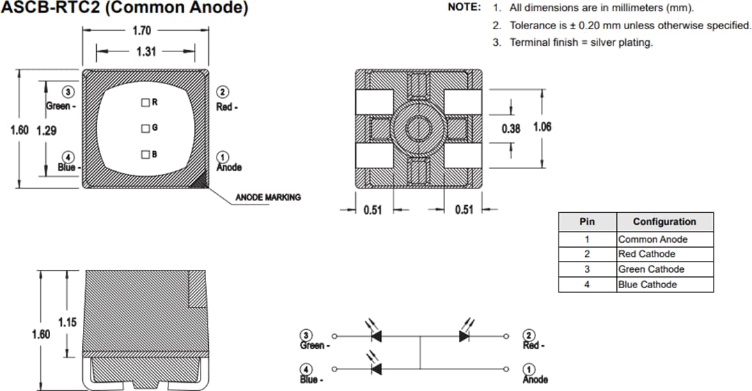 Mechanical Drawing - Broadcom ASCB-RTCx Tricolor PLCC-4 LEDs Mechanical Drawing - Broadcom ASCB-RTCx Tricolor PLCC-4 LEDs