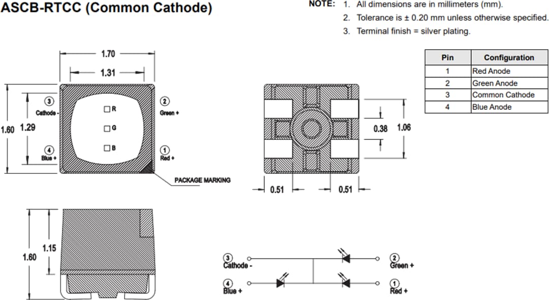 Mechanical Drawing - Broadcom ASCB-RTCx Tricolor PLCC-4 LEDs Mechanical Drawing - Broadcom ASCB-RTCx Tricolor PLCC-4 LEDs